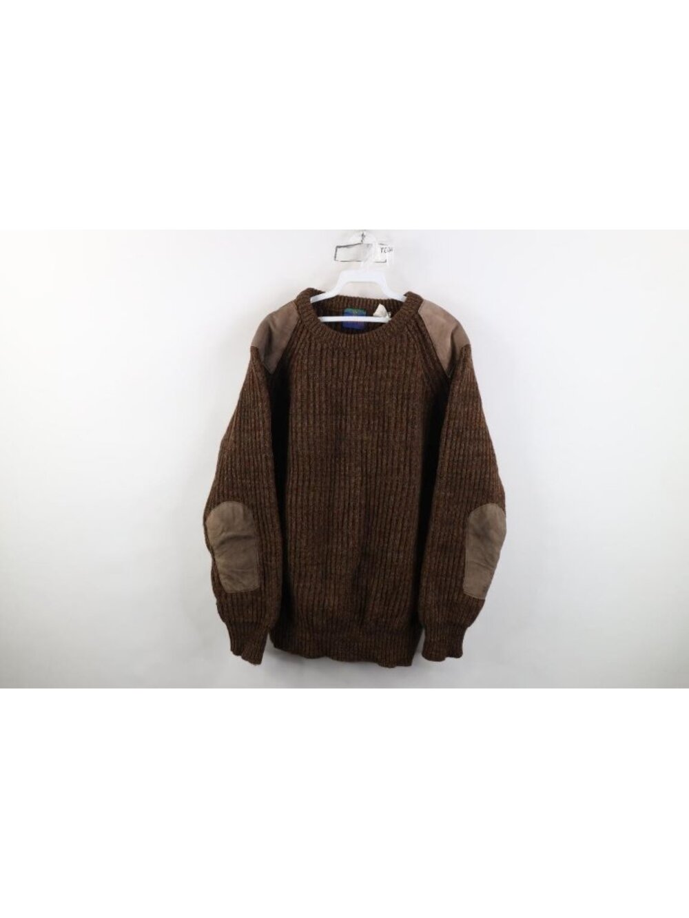 Vintage 90s Heavyweight Wool Sweater Mens Size L Suede Elbow Patch Trim Chunky